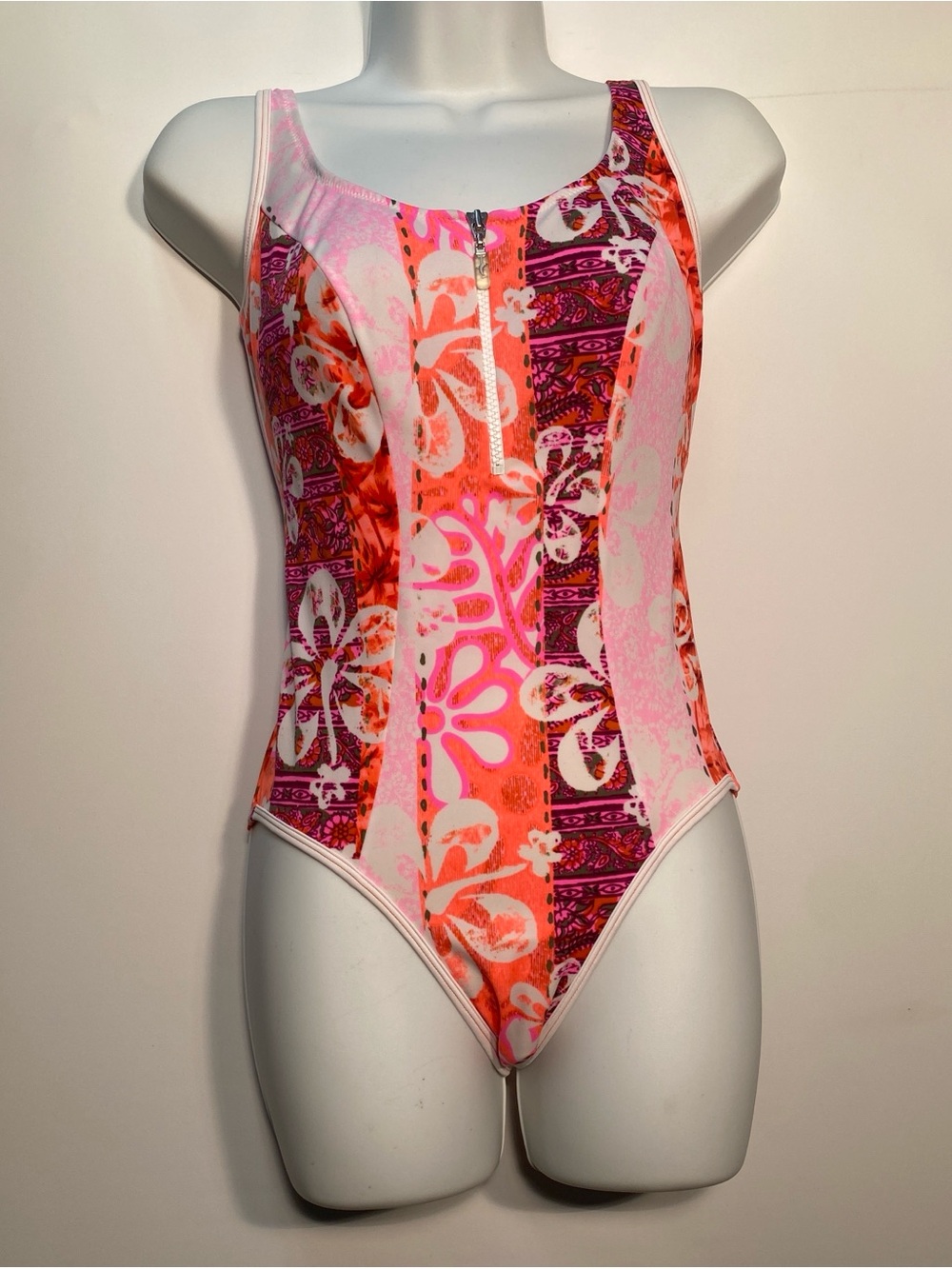 Empreinte Bright Pink & Orange Floral Stripe One-Piece Swimsuit with Front Zip
